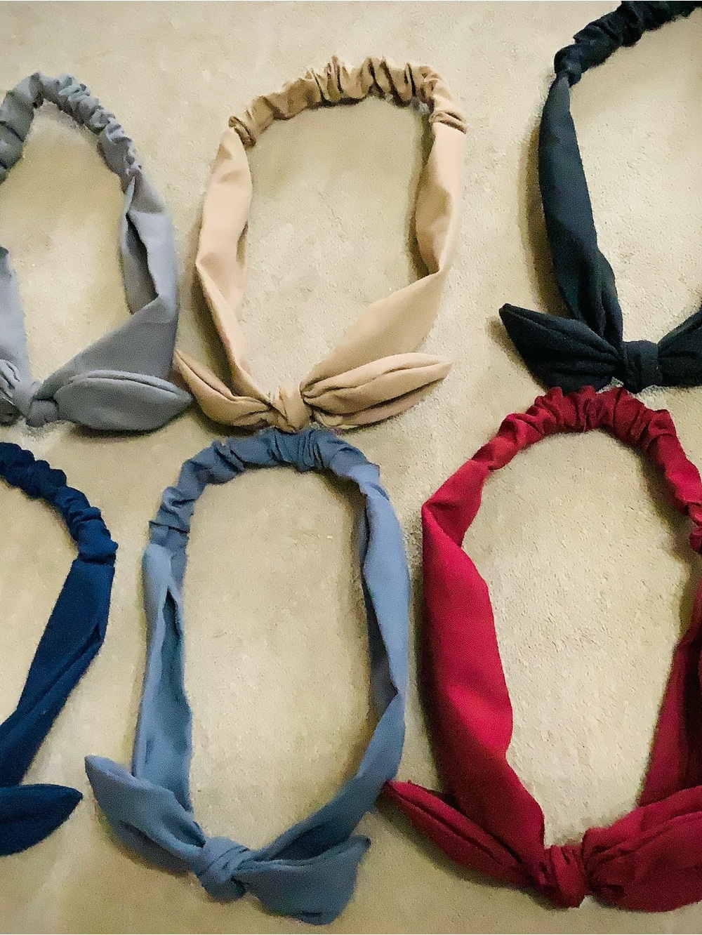 Set of Six Knotted Headbands in Red, Tan, Gray, Navy and Black